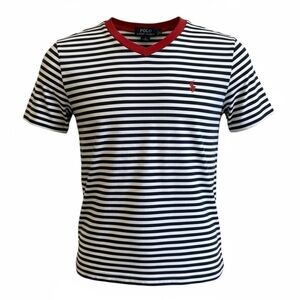 Polo Ralph Lauren Blue and White Stripe V-Neck Short Sleeve Tee Size Large